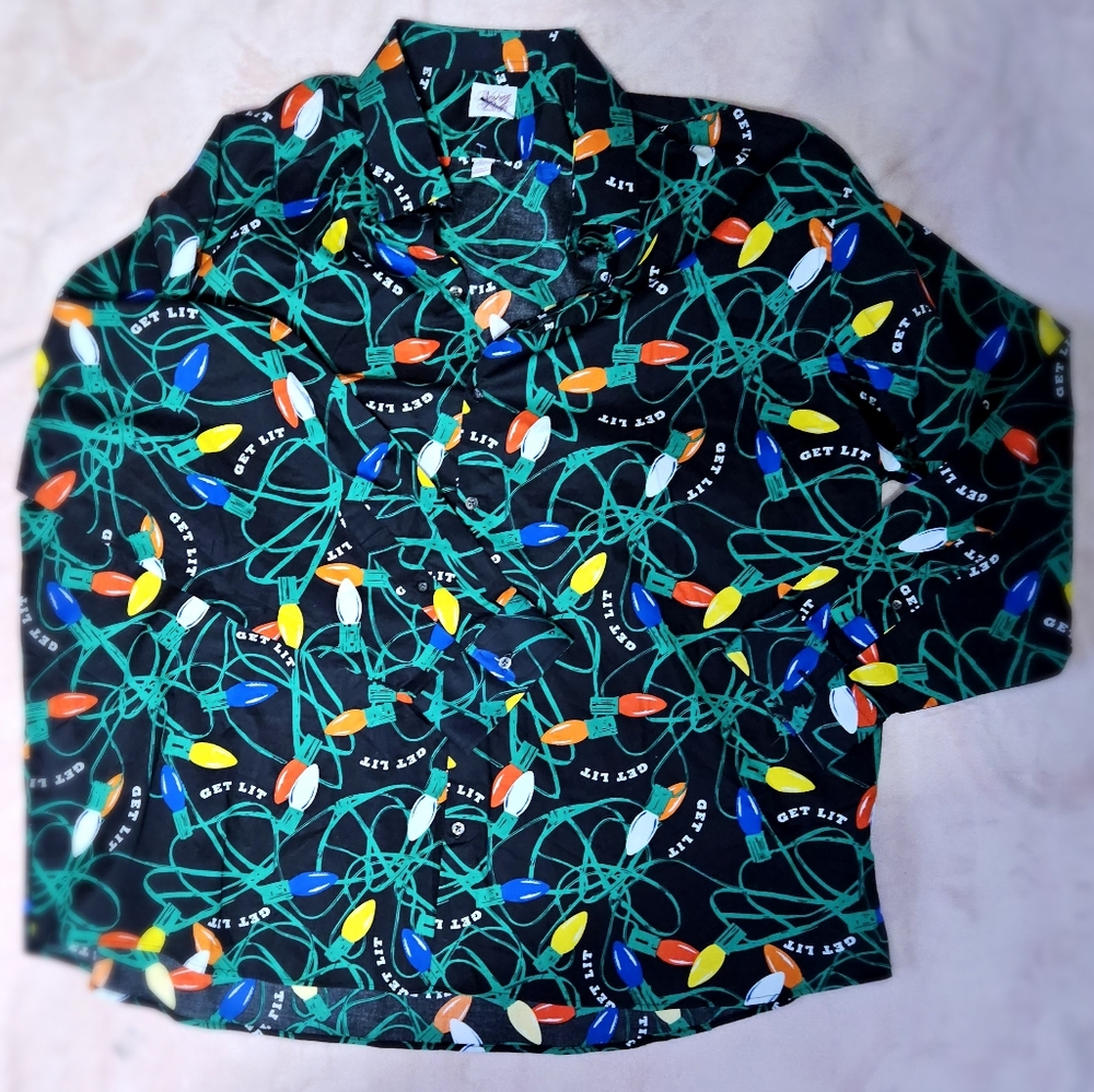 North Pole Trading Co. "Get Lit" button down